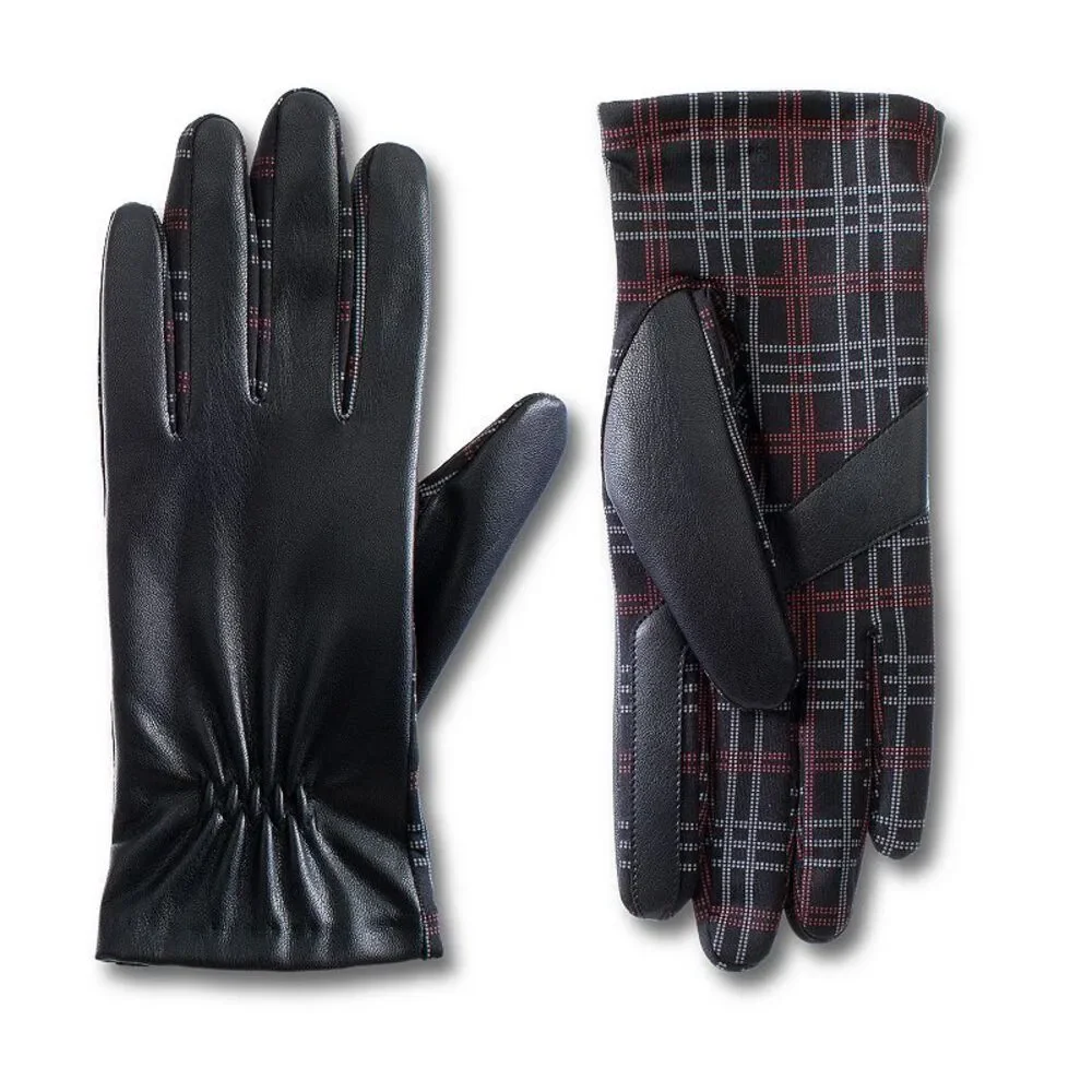 Isotoner Black Faux Leather and Red Plaid‎ Gloves with Smart Touch